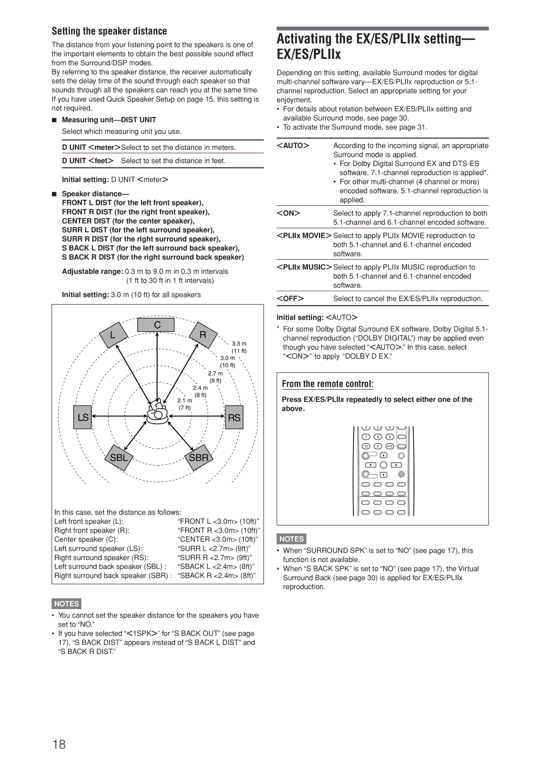 JVC RX-D206B Activating the EX/ES/PLIIx setting- EX/ES/PLIIx, Setting the speaker distance, From the remote control, Auto 