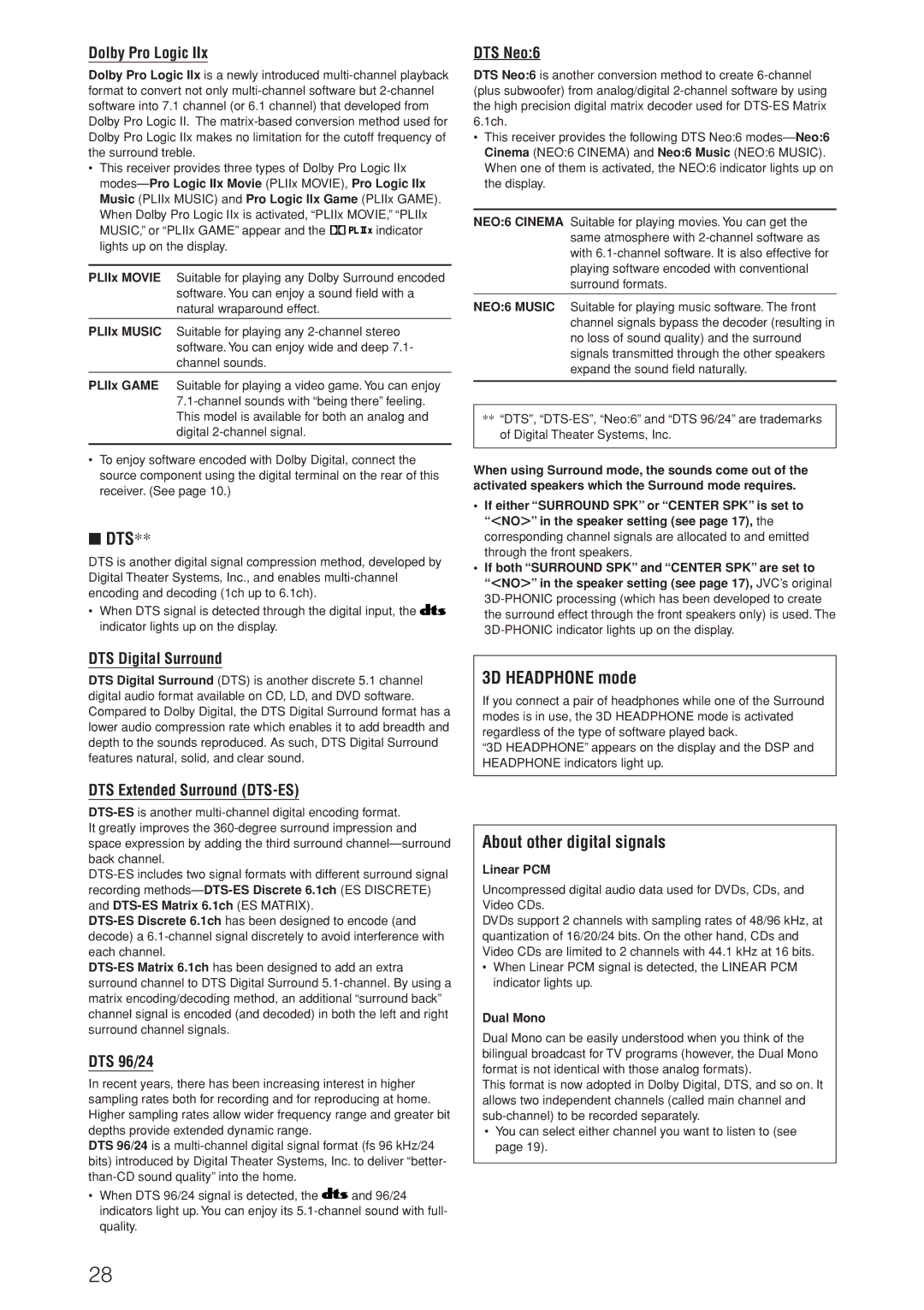 JVC RX-D206B, RX-D205S manual Dts, 3D Headphone mode, About other digital signals 