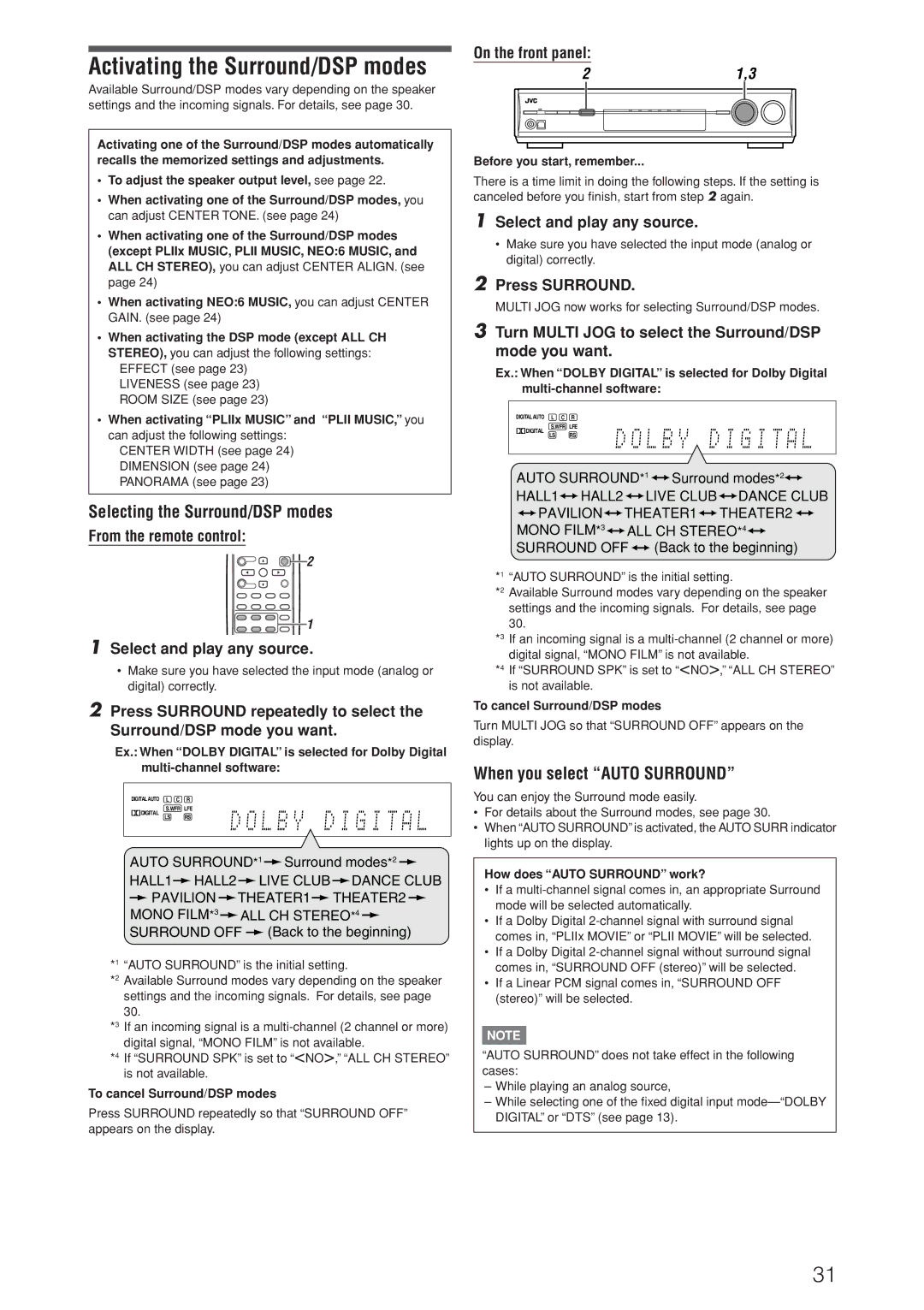 JVC RX-D205S, RX-D206B manual Selecting the Surround/DSP modes, When you select Auto Surround 