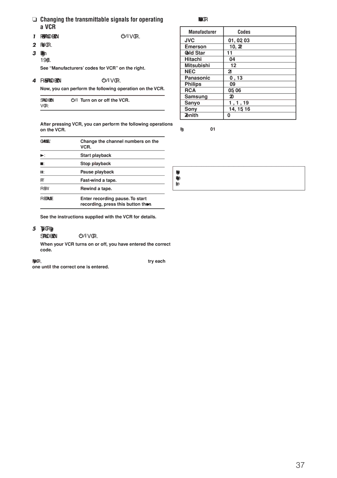 JVC RX-D205S Changing the transmittable signals for operating a VCR, Release STANDBY/ON VCR, Manufacturers’ codes for VCR 