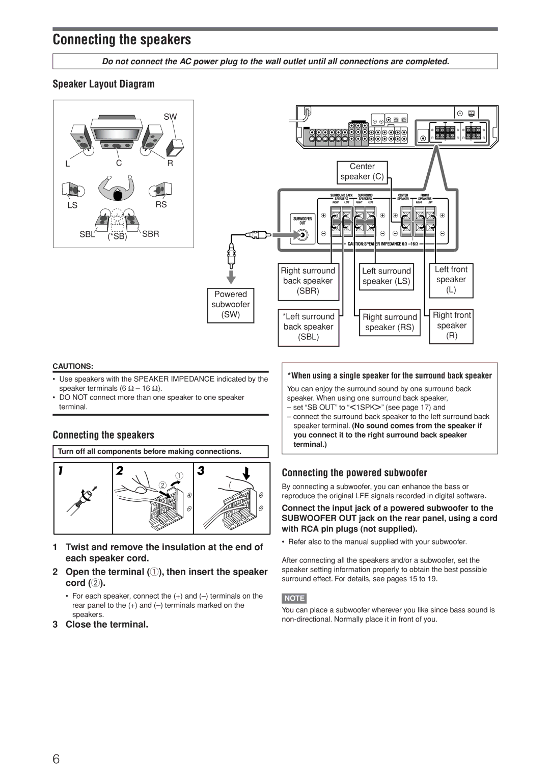 JVC RX-D206B manual Connecting the speakers, Speaker Layout Diagram, Connecting the powered subwoofer, Close the terminal 