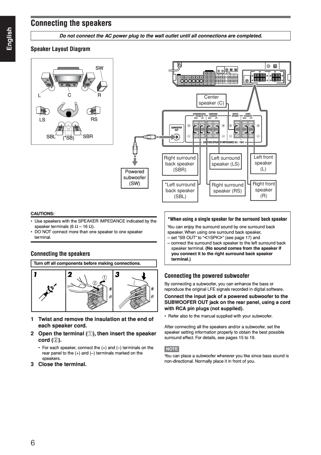JVC RX-D205S, RX-D206B manual Connecting the speakers, English, Speaker Layout Diagram, Connecting the powered subwoofer 