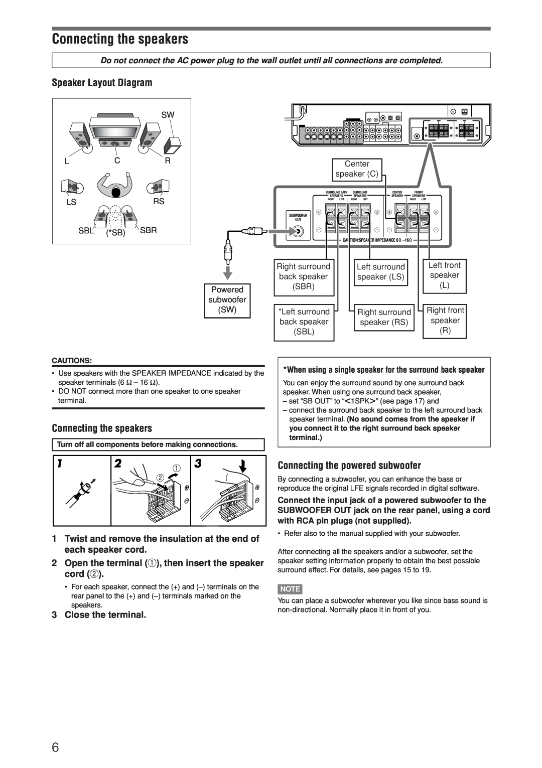 JVC RX-D206B manual Connecting the speakers, Speaker Layout Diagram, Connecting the powered subwoofer, Close the terminal 