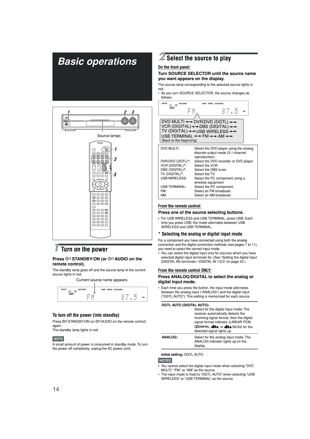 JVC RX-D301S, RX-D302B Basic operations, Turn on the power, Select the source to play, To turn off the power into standby 