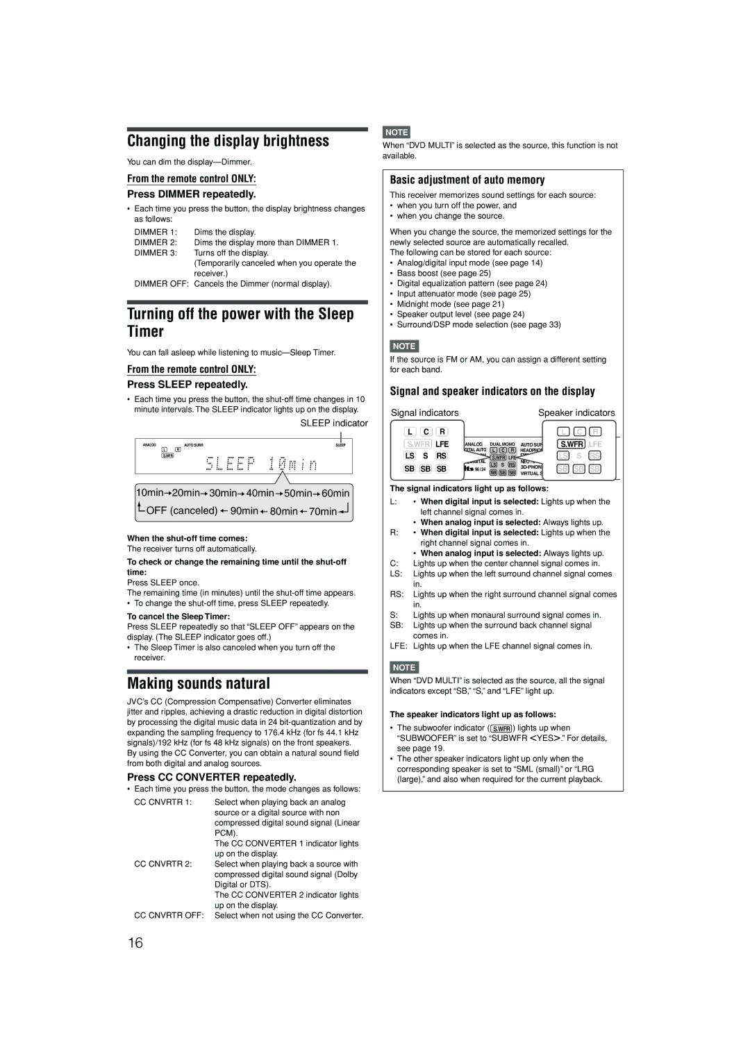 JVC RX-D301S, RX-D302B Changing the display brightness, Turning off the power with the Sleep Timer, Making sounds natural 