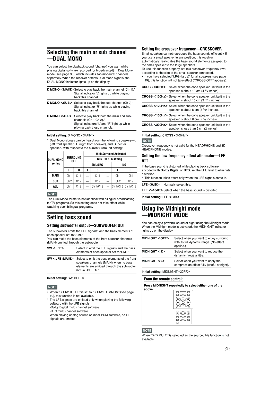 JVC RX-D302B, RX-D301S manual Selecting the main or sub channel, Setting bass sound, Using the Midnight mode 