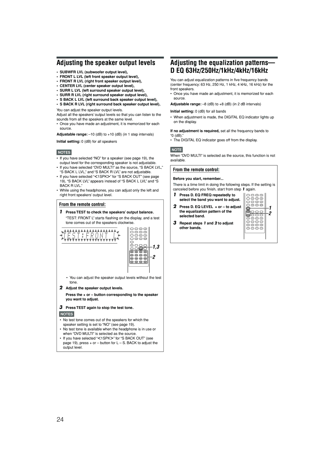 JVC RX-D301S, RX-D302B manual Adjusting the speaker output levels, Press Test to check the speakers’ output balance 