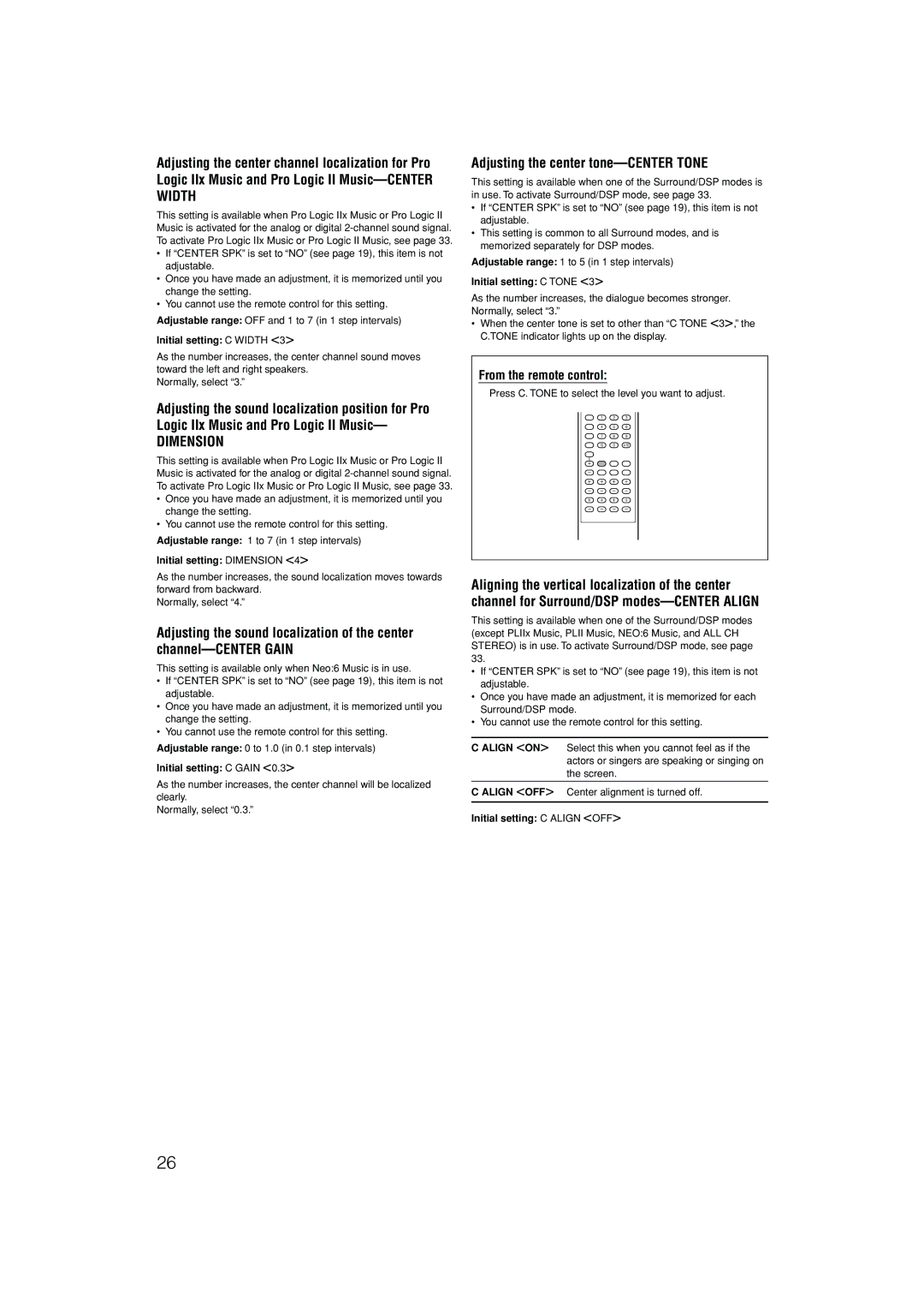 JVC RX-D301S, RX-D302B manual Adjusting the center tone-CENTER Tone 