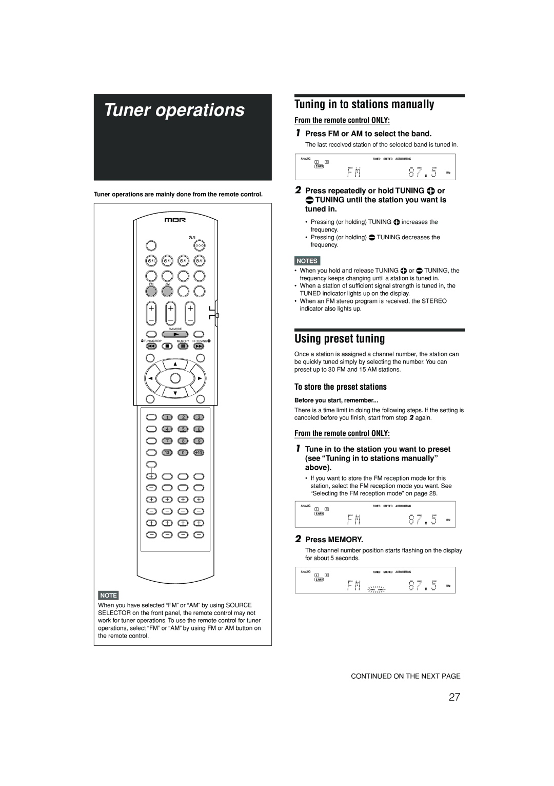 JVC RX-D302B, RX-D301S Tuner operations, Tuning in to stations manually, Using preset tuning, To store the preset stations 