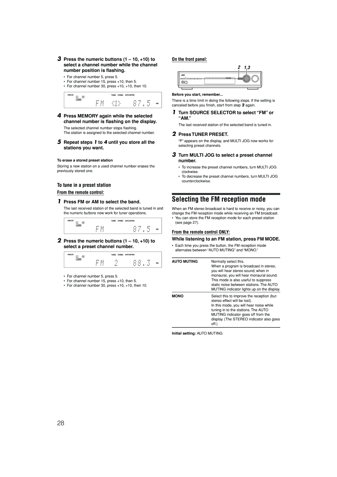 JVC RX-D301S, RX-D302B manual Selecting the FM reception mode, To tune in a preset station 