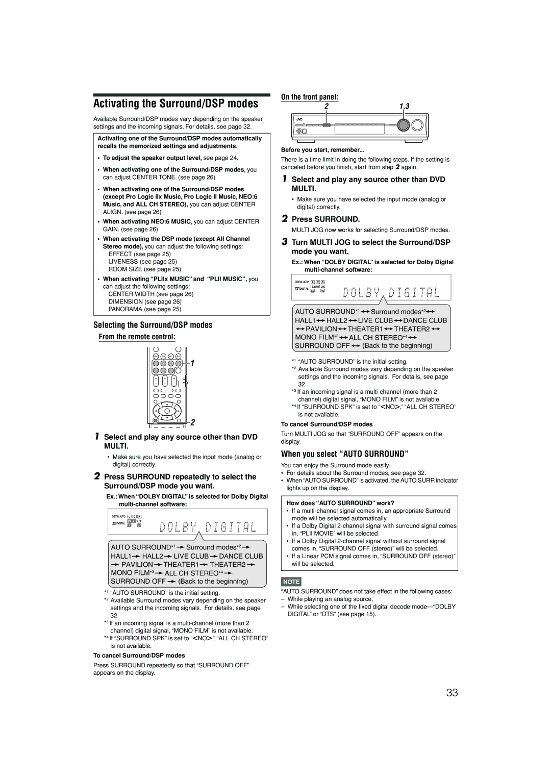 JVC RX-D302B, RX-D301S manual Selecting the Surround/DSP modes, When you select Auto Surround, Press Surround 