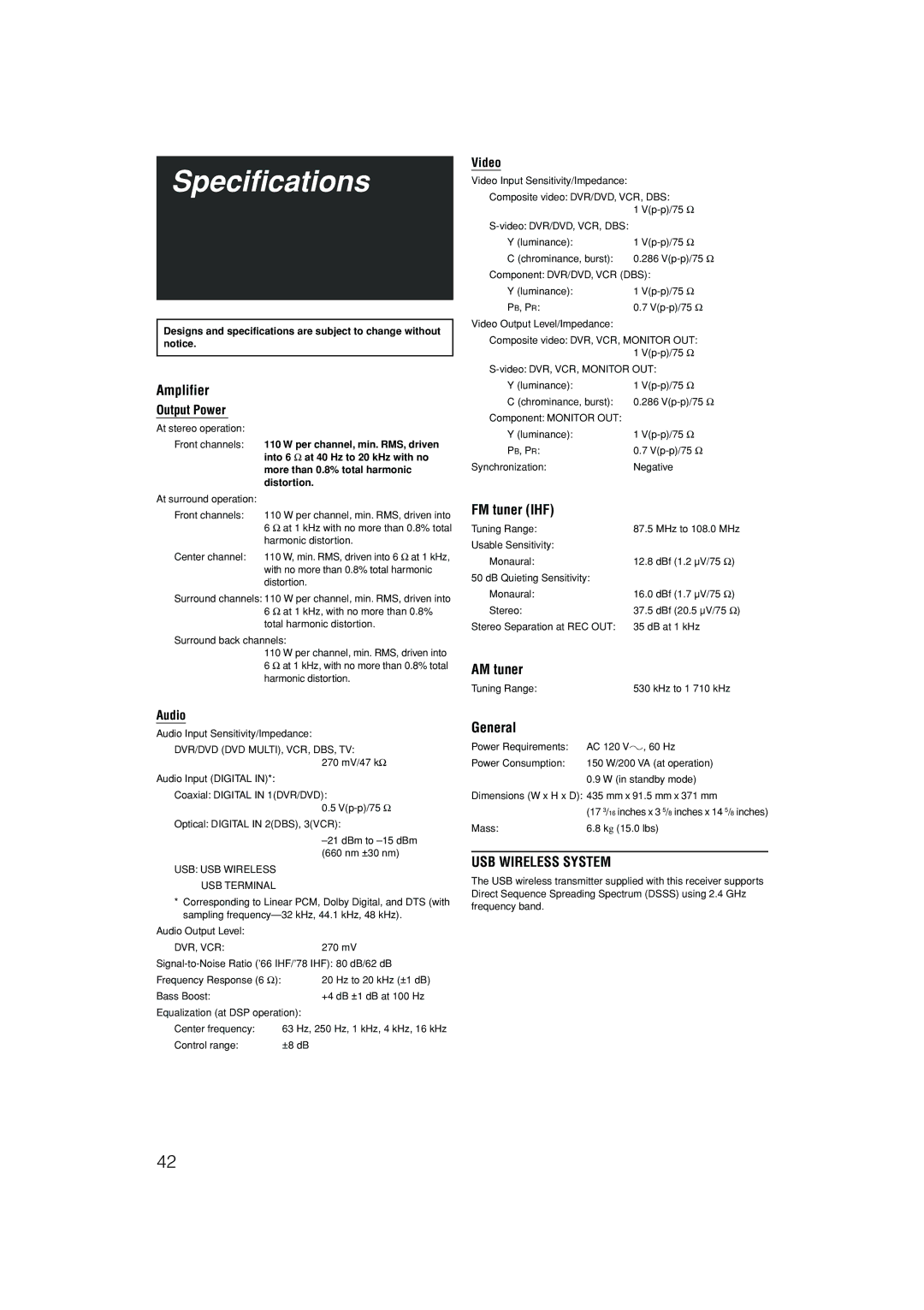 JVC RX-D301S, RX-D302B manual Specifications, Amplifier, FM tuner IHF, AM tuner, General 