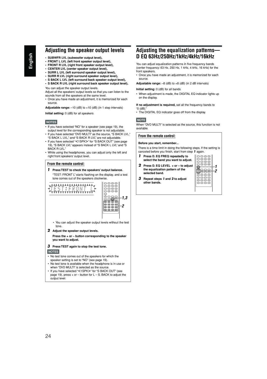 JVC RX-D302B, RX-D301S manual Adjusting the speaker output levels 