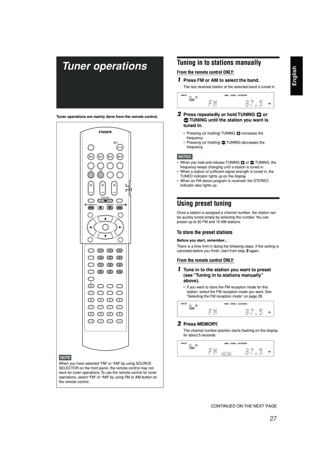 JVC RX-D301S, RX-D302B manual Tuner operations 