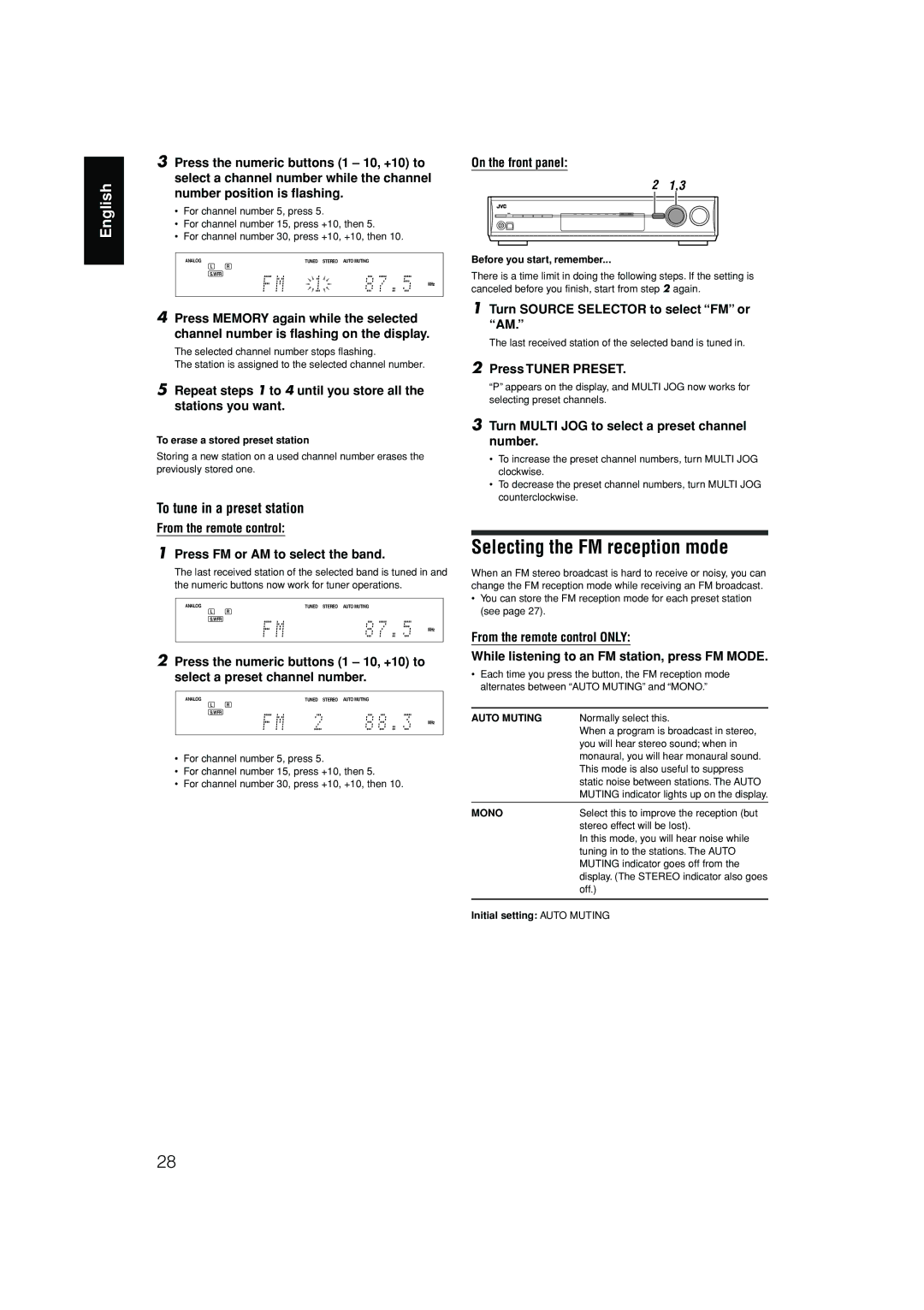 JVC RX-D302B, RX-D301S manual Selecting the FM reception mode 