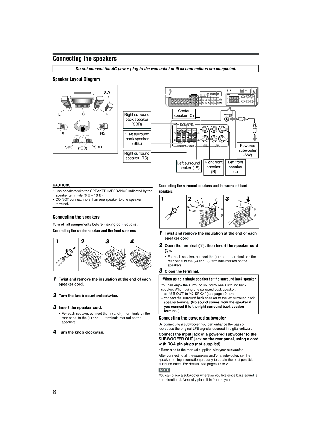 JVC RX-D301S, RX-D302B manual Connecting the speakers, Speaker Layout Diagram, Connecting the powered subwoofer, Center 