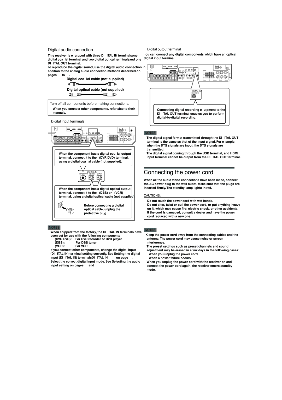 JVC RX-D402B manual Connecting the power cord, Digital audio connection, Digital input terminals, Digital output terminal 