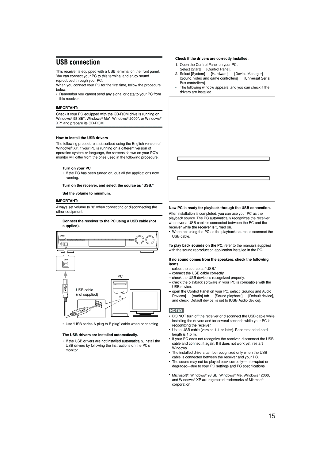 JVC RX-D401S, RX-D402B manual USB connection 