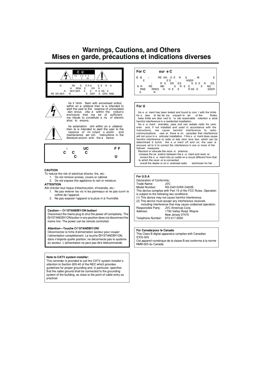 JVC RX-D402B, RX-D401S manual For Canada/pour le Canada, For U.S.A, Jvc 