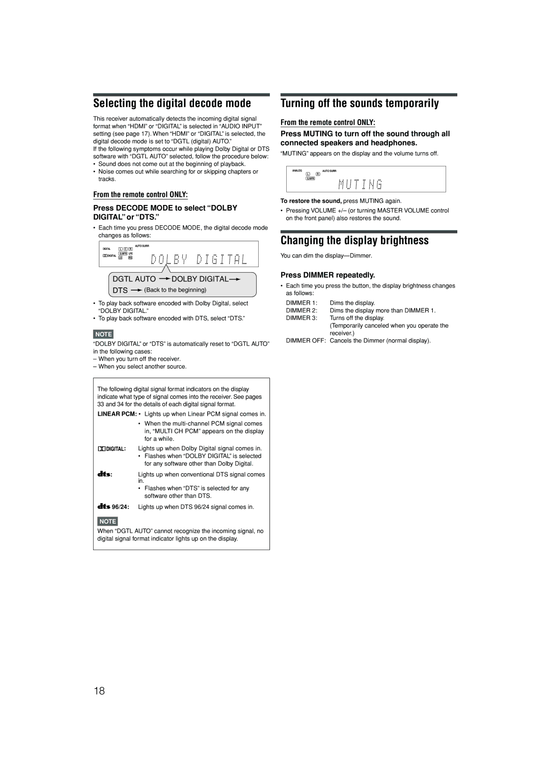 JVC RX-D402B manual Selecting the digital decode mode, Turning off the sounds temporarily, Changing the display brightness 