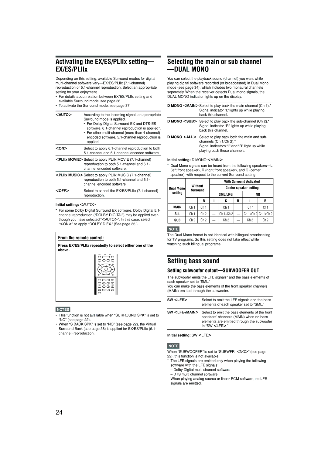 JVC RX-D402B manual Activating the EX/ES/PLIIx setting- EX/ES/PLIIx, Selecting the main or sub channel, Setting bass sound 