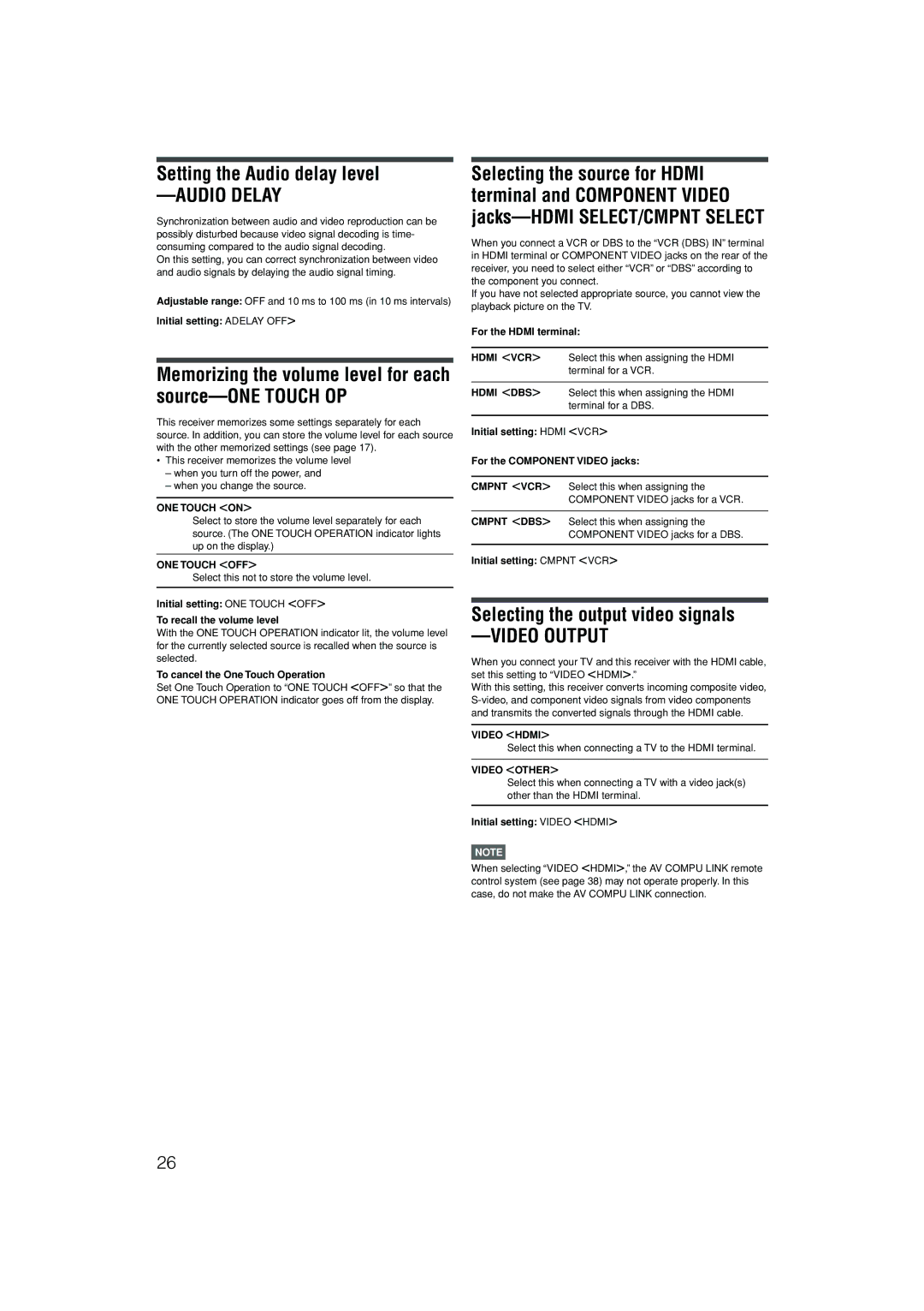 JVC RX-D402B, RX-D401S manual Setting the Audio delay level, Memorizing the volume level for each source-ONE Touch OP 