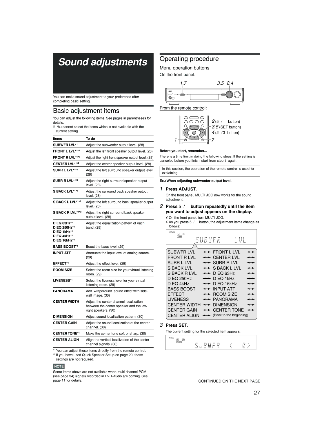 JVC RX-D401S, RX-D402B manual Sound adjustments, Basic adjustment items, Press Adjust, ∞ button SET button 4 2 / 3 button 