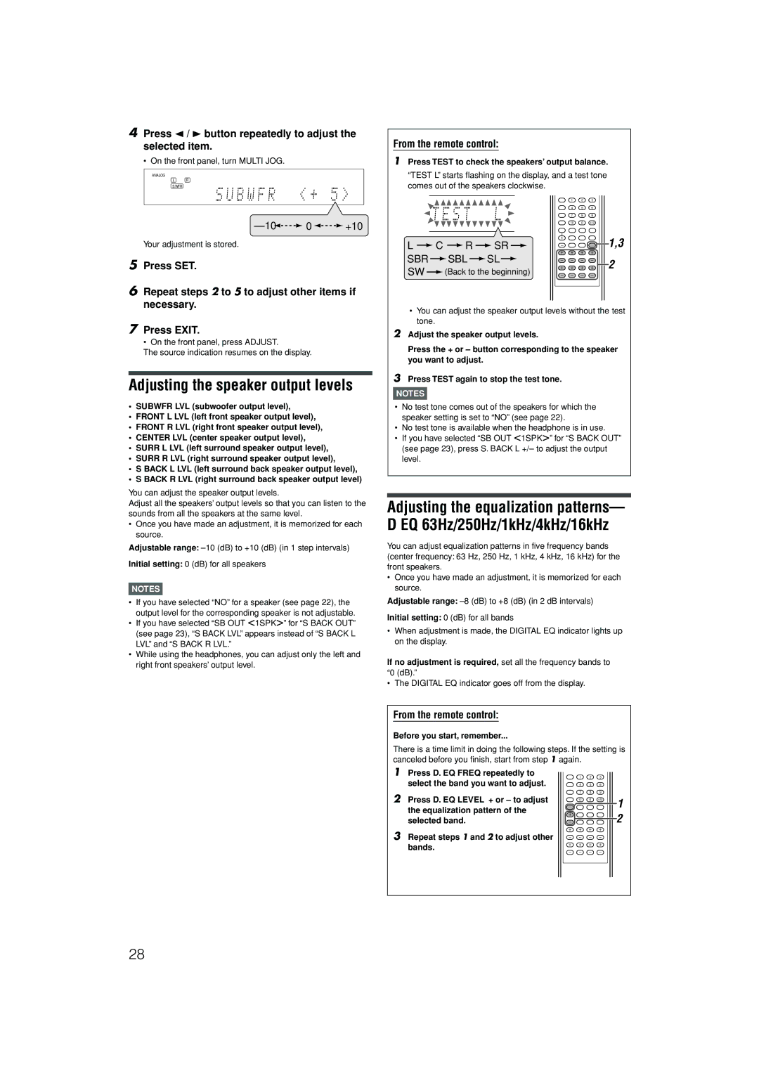 JVC RX-D402B, RX-D401S manual Sbr Sbl, Press Test to check the speakers’ output balance 