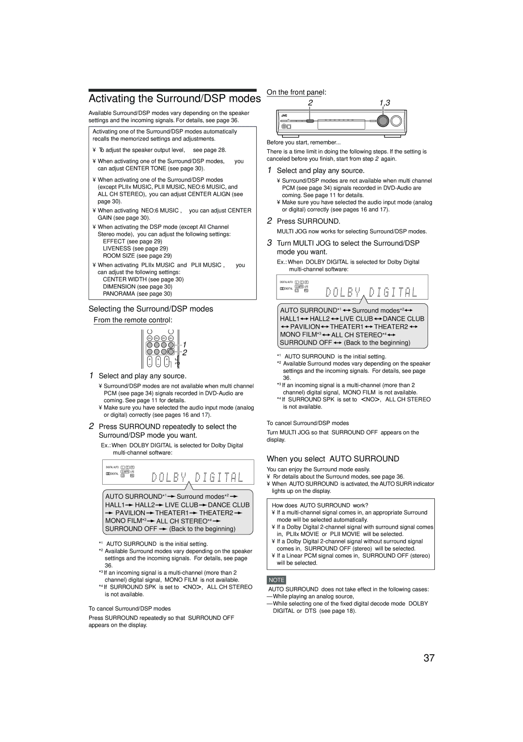 JVC RX-D401S, RX-D402B manual Selecting the Surround/DSP modes, When you select Auto Surround 