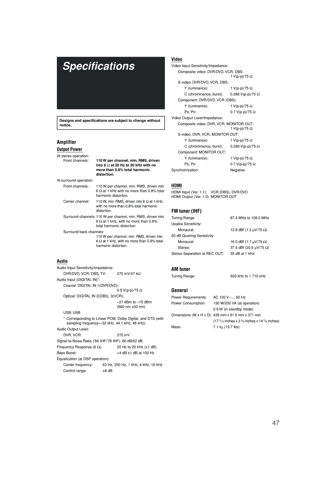 JVC RX-D401S, RX-D402B manual Specifications, Amplifier, FM tuner IHF, AM tuner, General 