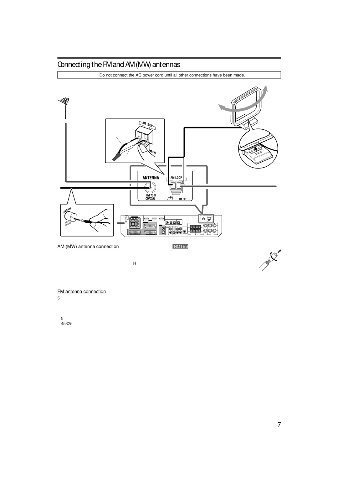 JVC RX-D411S manual Connecting the FM and AM MW antennas, AM MW antenna connection, FM antenna connection 