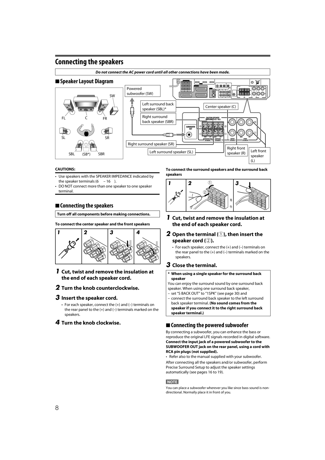 JVC RX-D411S manual Connecting the speakers, Close the terminal, Turn the knob clockwise 