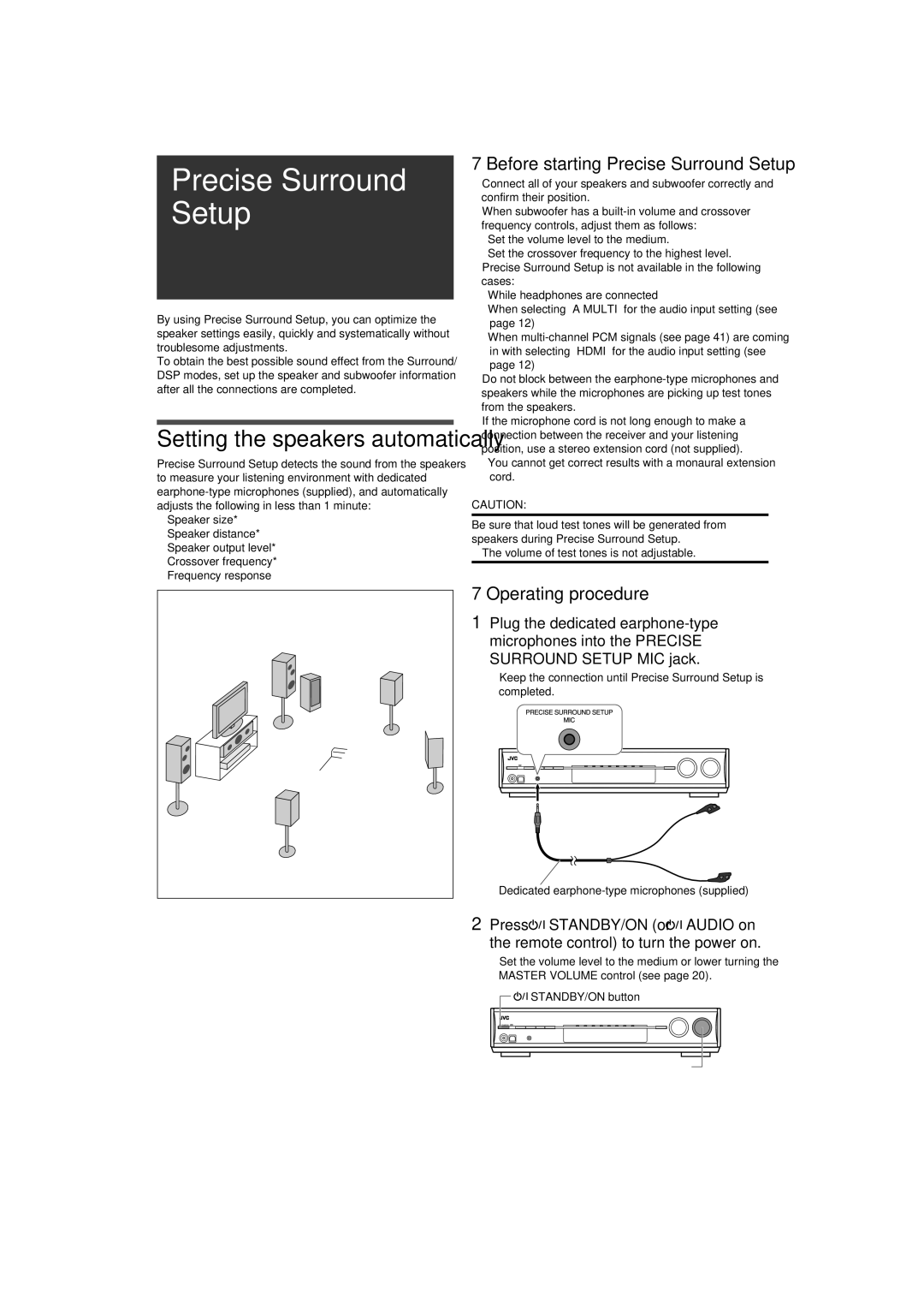 JVC RX-D411S manual Before starting Precise Surround Setup, Operating procedure, Volume of test tones is not adjustable 