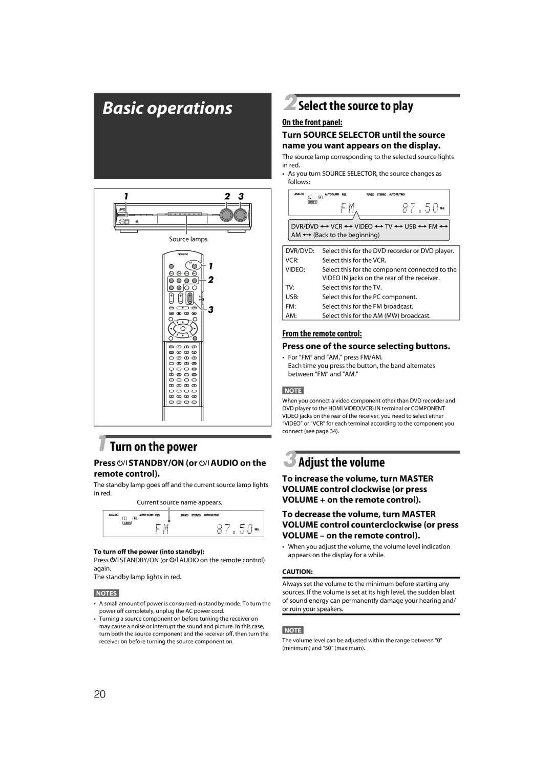 JVC RX-D411S manual Basic operations, 1Turn on the power, 2Select the source to play, 3Adjust the volume 