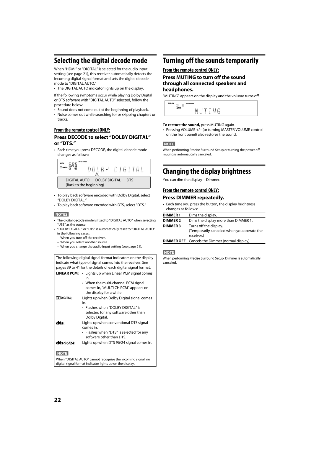 JVC RX-D411S Changing the display brightness, From the remote control only Press Dimmer repeatedly, Linear PCM, 96/24 