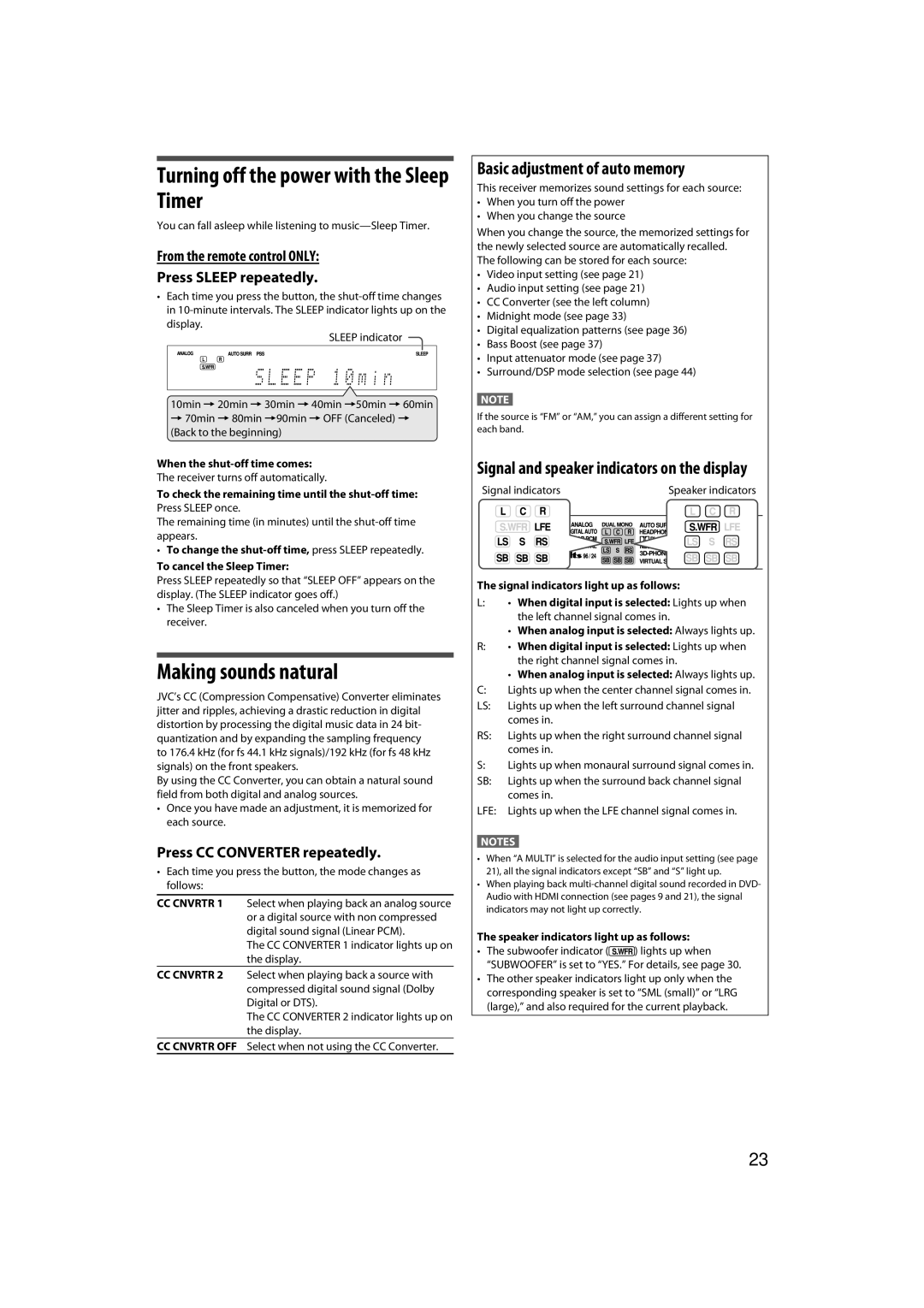 JVC RX-D411S manual Turning off the power with the Sleep Timer, Making sounds natural, Basic adjustment of auto memory 