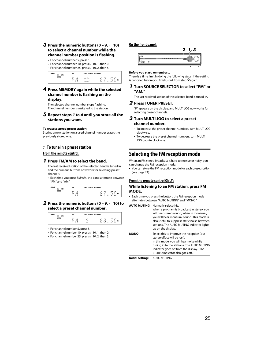 JVC RX-D411S manual Selecting the FM reception mode, To tune in a preset station 