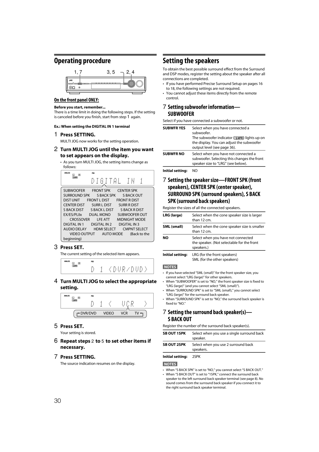 JVC RX-D411S manual Operating procedure, Setting the speakers, Subwoofer, Back OUT 