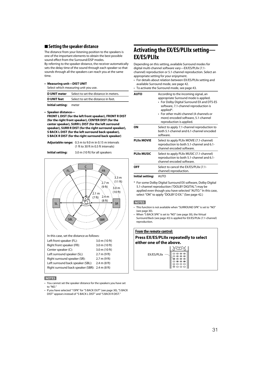 JVC RX-D411S manual Activating the EX/ES/PLIIx setting- EX/ES/PLIIx, Setting the speaker distance, Auto, Off 