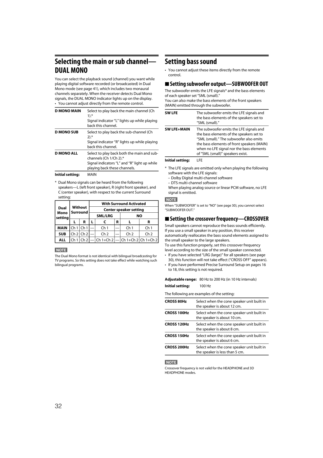 JVC RX-D411S manual Setting bass sound, Setting the crossover frequency-CROSSOVER, Sw Lfe+Main 