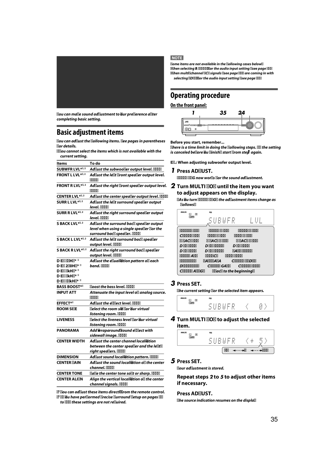 JVC RX-D411S manual Sound adjustments, Basic adjustment items, Press Adjust, Turn Multi JOG to adjust the selected item 