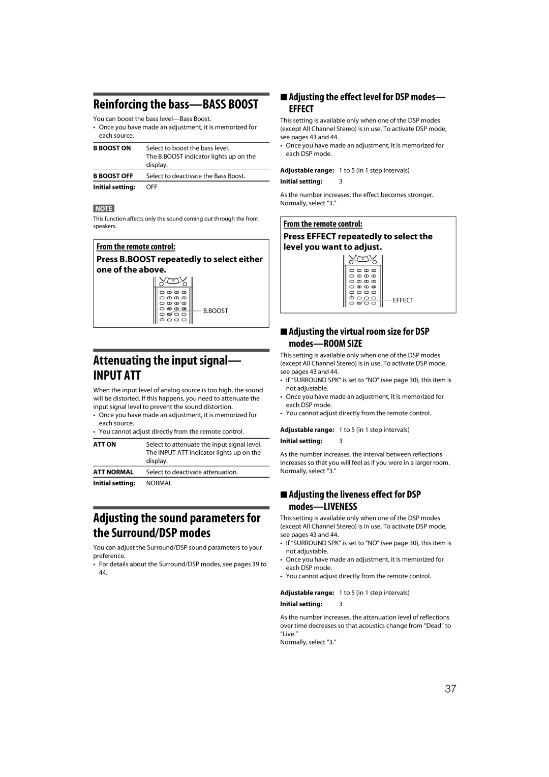 JVC RX-D411S manual Adjusting the sound parameters for the Surround/DSP modes, Effect, ATT on, ATT Normal 