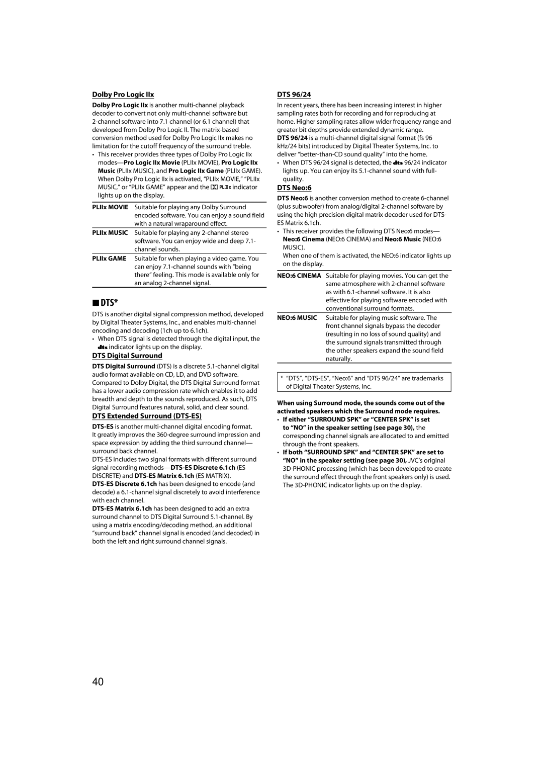 JVC RX-D411S manual Dts, DTS Digital Surround, DTS Extended Surround DTS-ES, DTS 96/24, DTS Neo6 