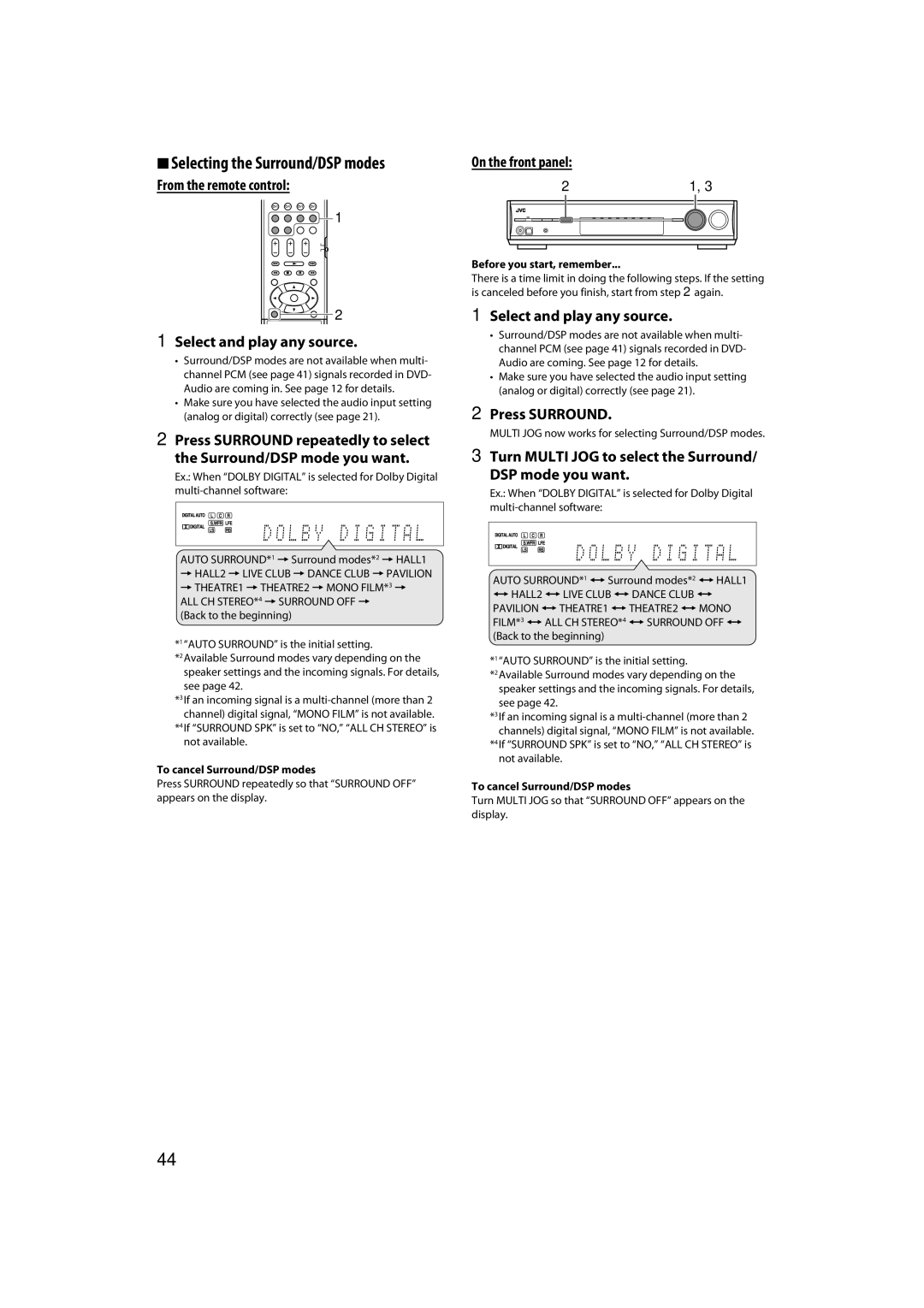 JVC RX-D411S manual From the remote control Select and play any source, Press Surround, To cancel Surround/DSP modes 