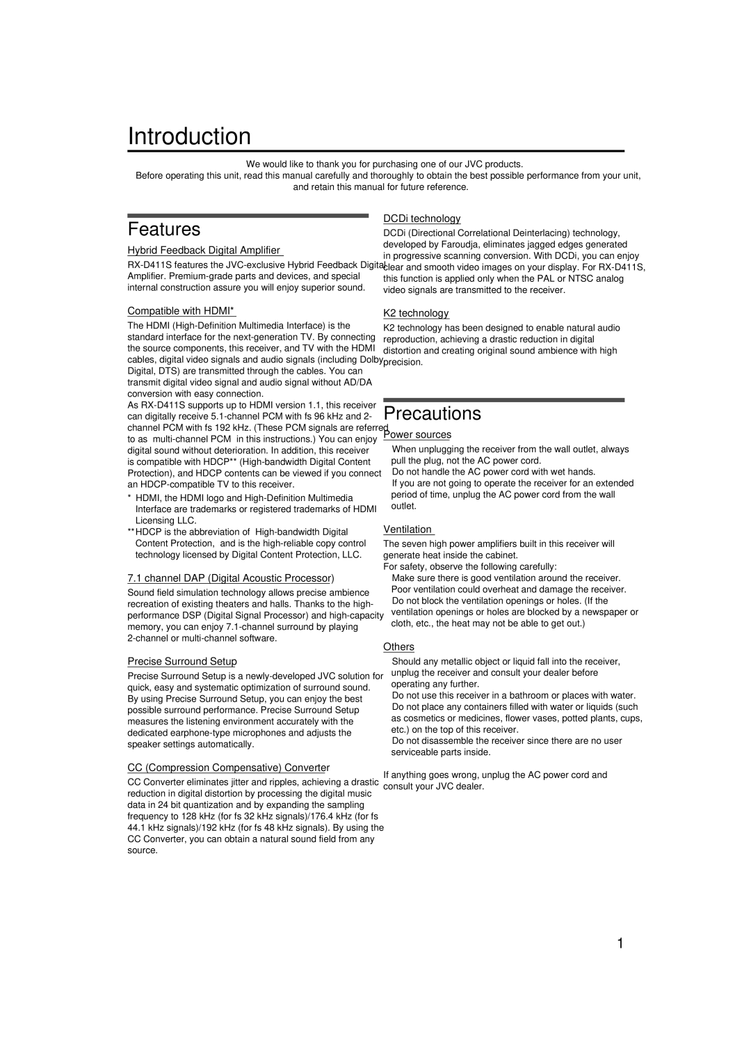 JVC RX-D411S manual Features, Precautions 