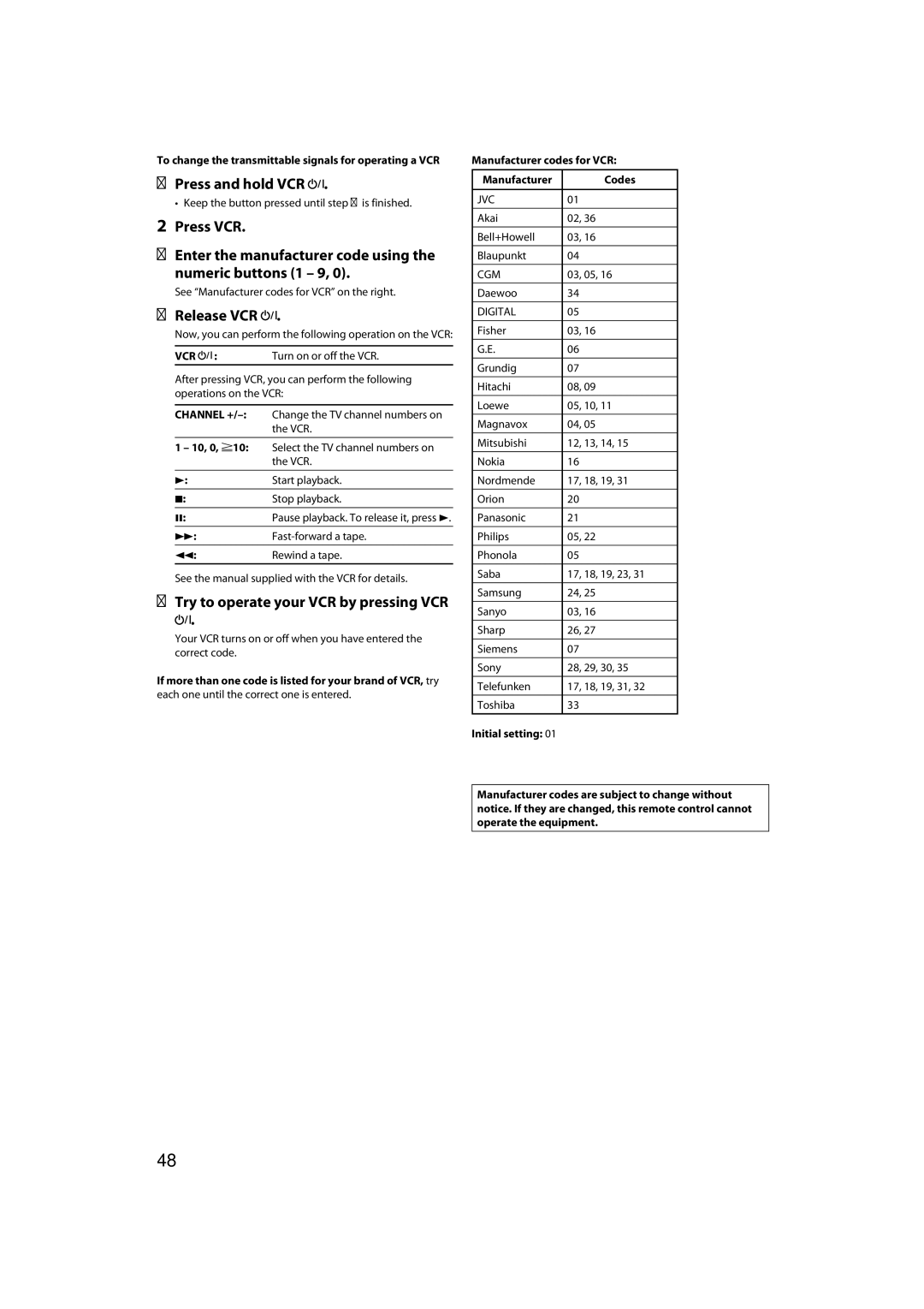 JVC RX-D411S manual Vcr, If more than one code is listed for your brand of VCR, try, Manufacturer codes for VCR Codes, Cgm 