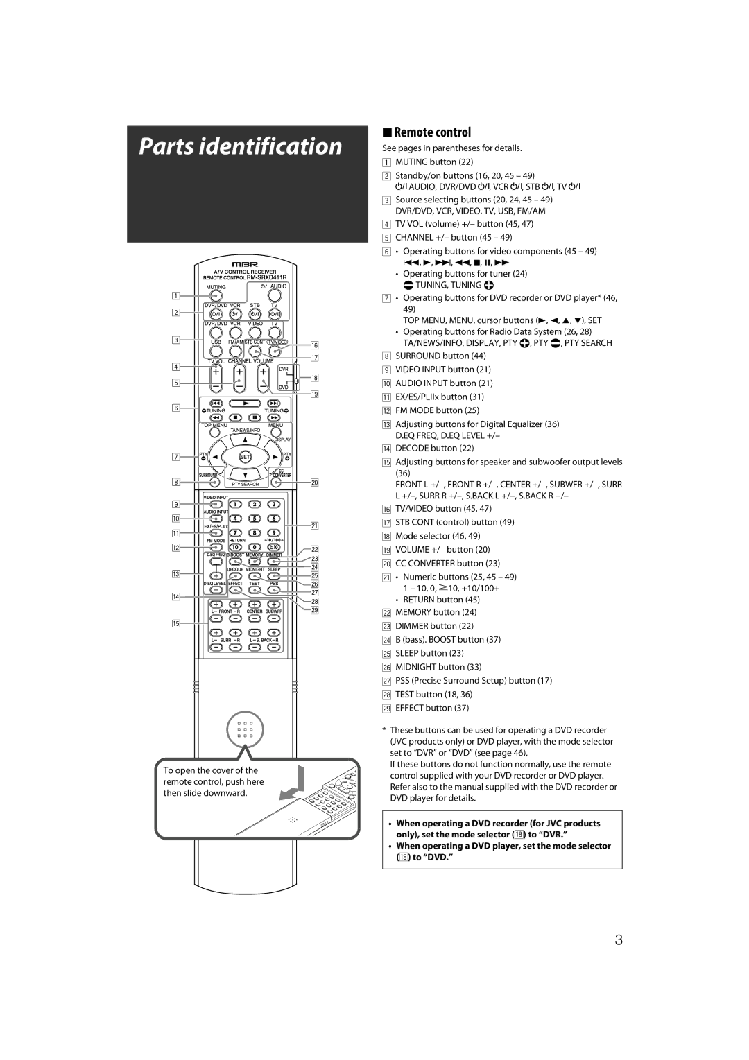 JVC RX-D411S manual Parts identification, Remote control, When operating a DVD player, set the mode selector i to DVD 