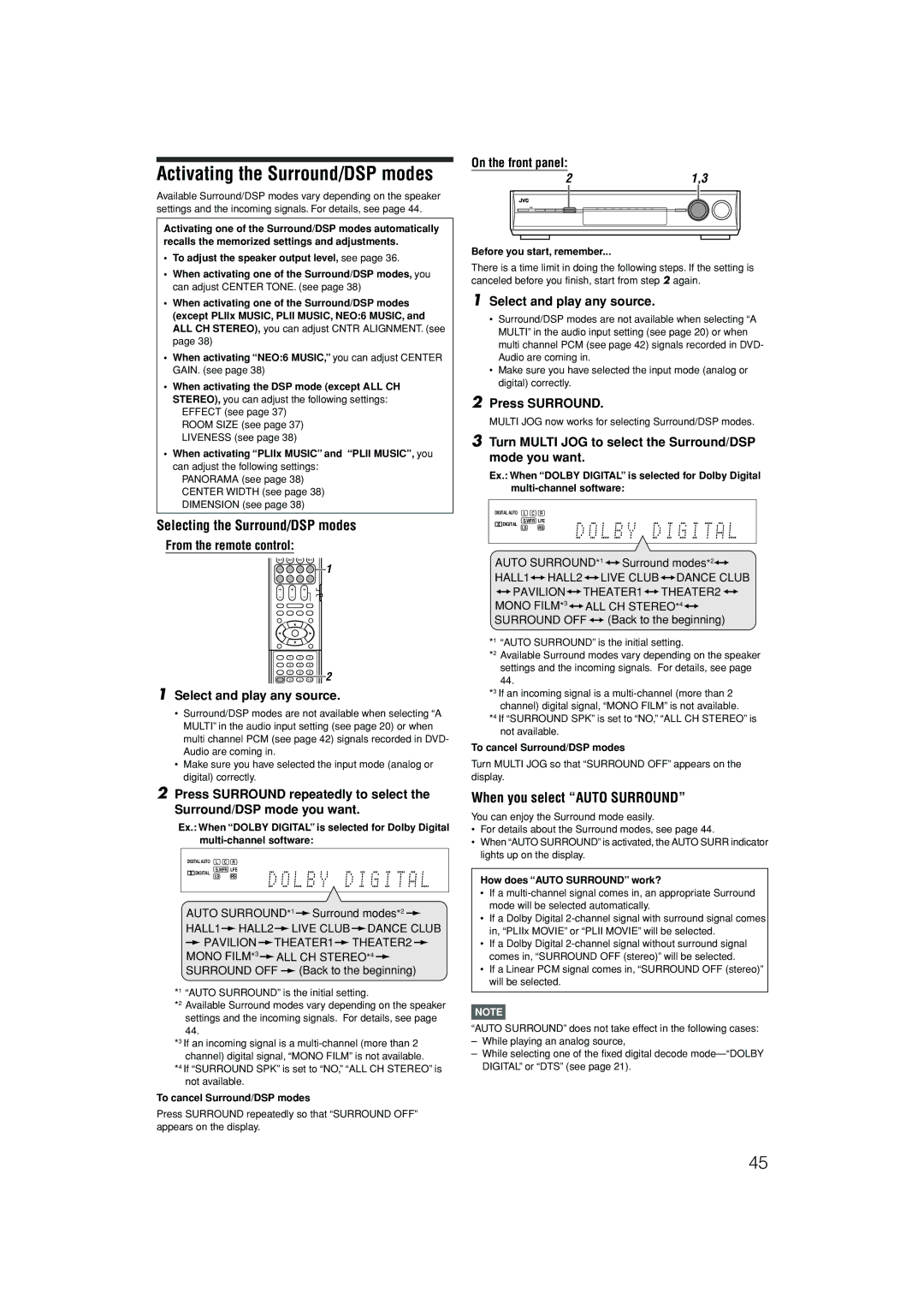 JVC RX-D701S manual Activating the Surround/DSP modes 