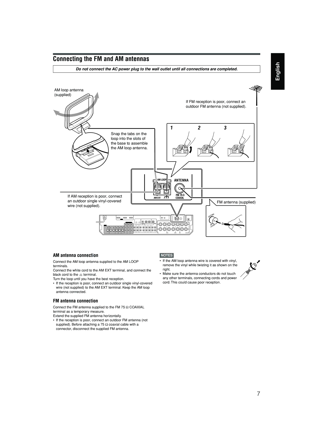 JVC RX-D701S manual Connecting the FM and AM antennas, AM antenna connection 