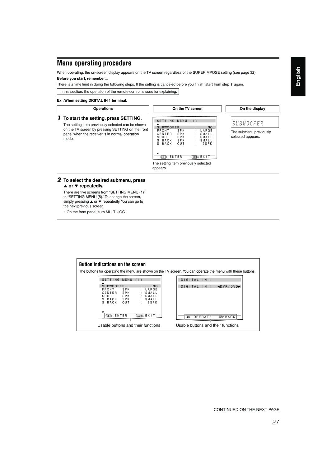 JVC RX-D701S manual Menu operating procedure, To start the setting, press Setting 